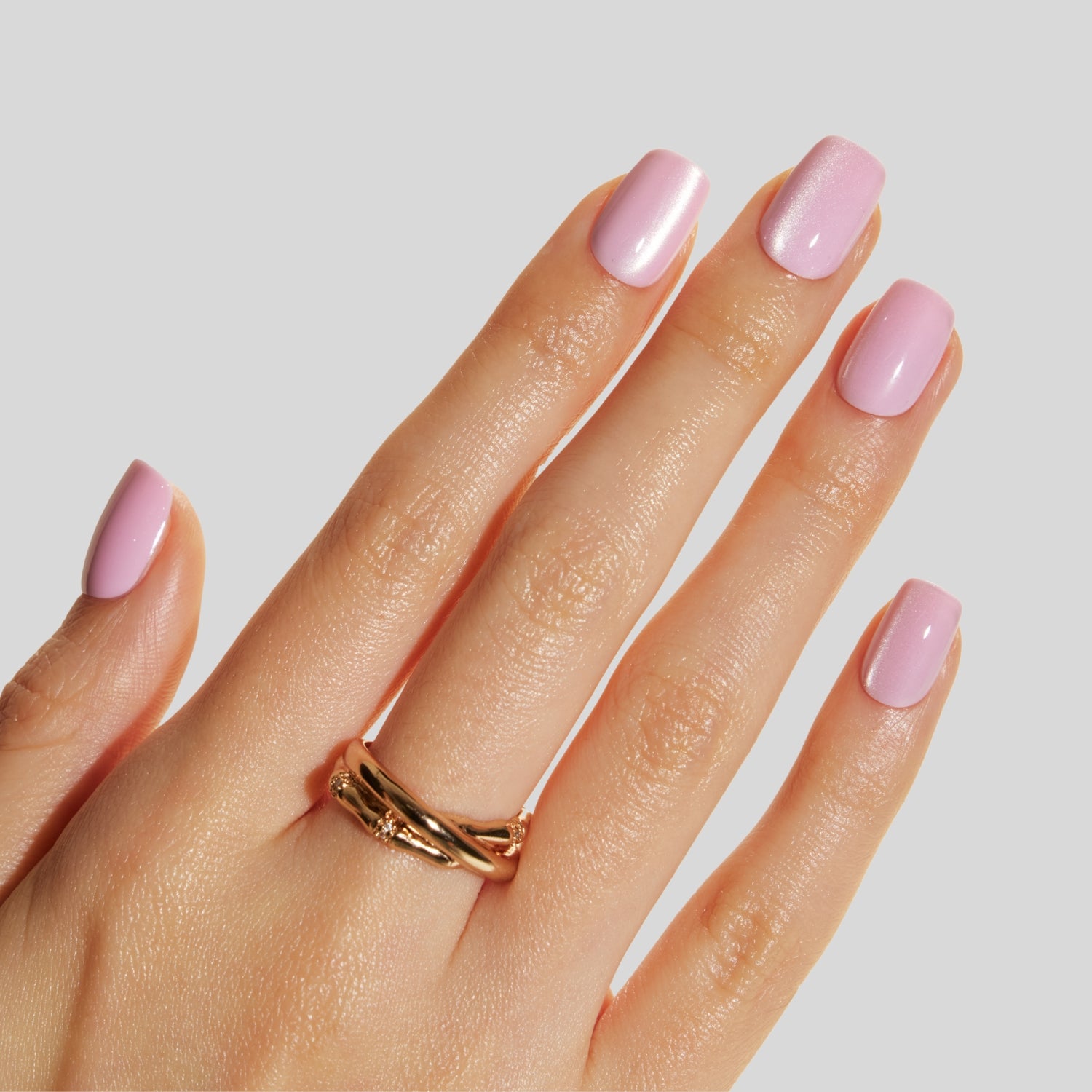 Pink Press On Nails - Crystal Cat Eye Short Square - Easy